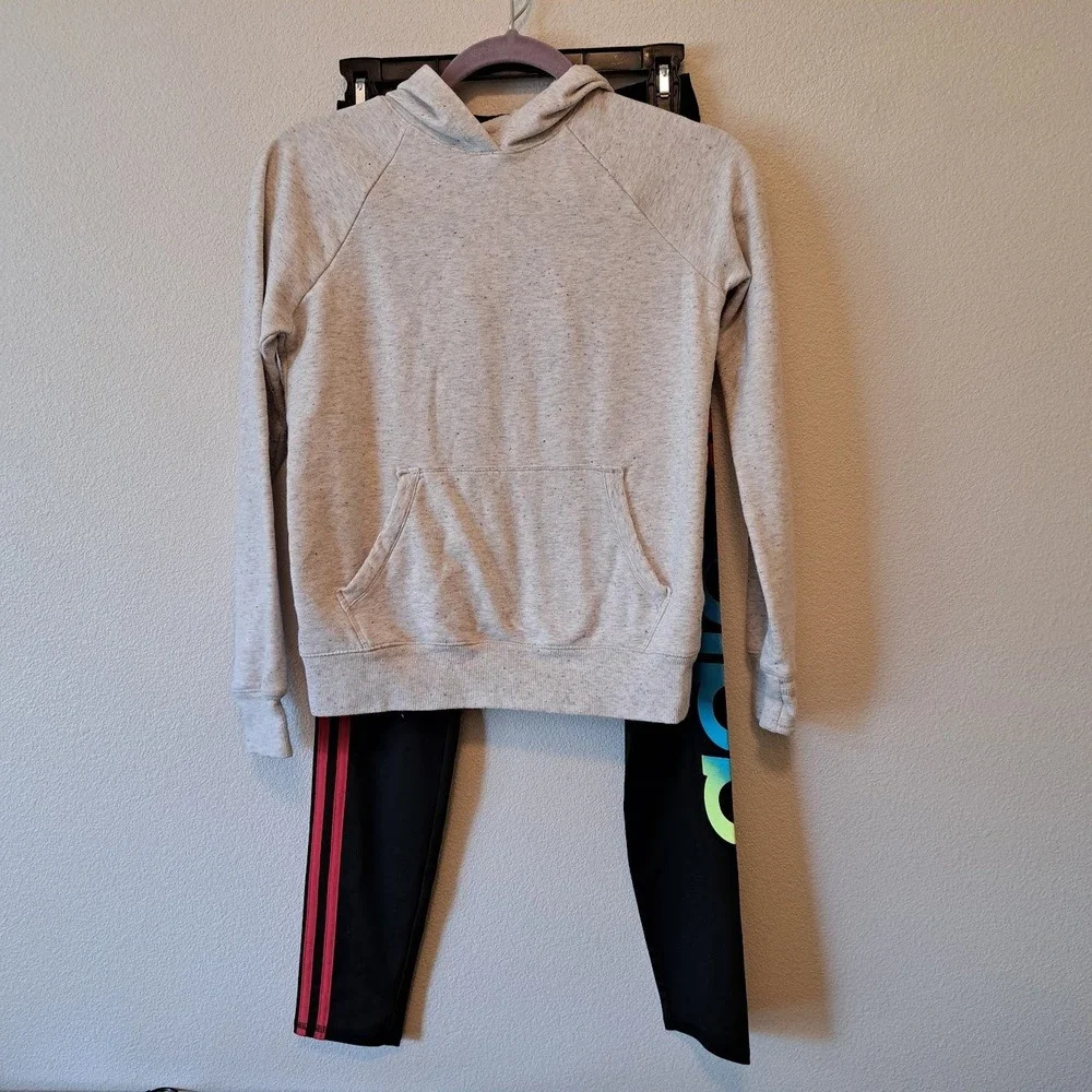 Athleta Girl Hoodie & Adidas Rainbow Logo Leggings Set Kid Size 12/16 Grey Black